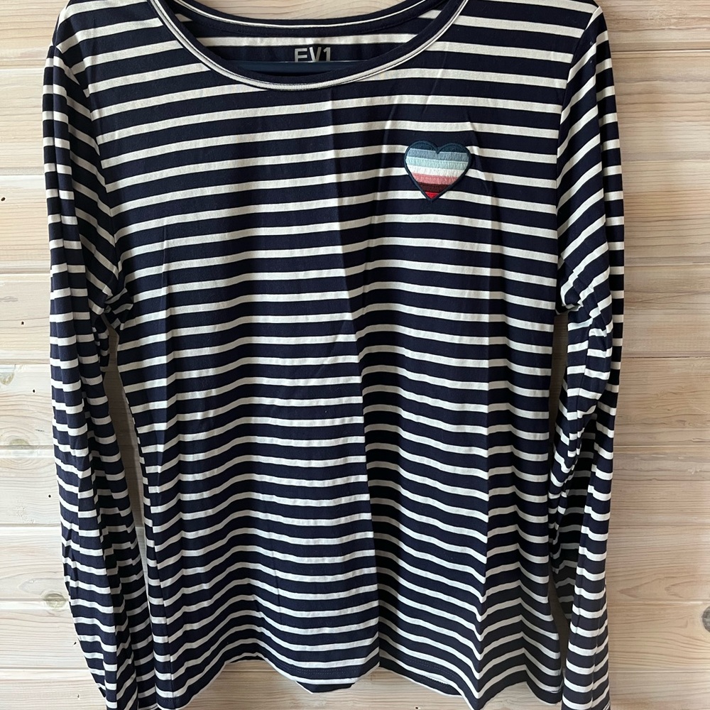 2 EV1 striped shirts, blue and red.